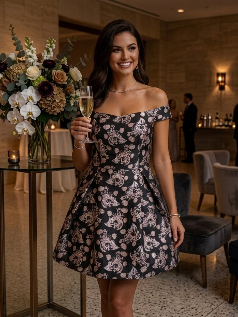 Francesca's Size M Black & Rose Gold Floral Brocade Mini